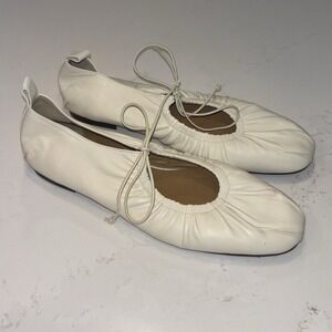 Reike Nen Bow Shirring Flats Lace Up Mary Janes Lamb Leather Ivory Sz 39 US 9